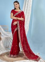 Georgette Red Party Wear Embroidery Work Saree